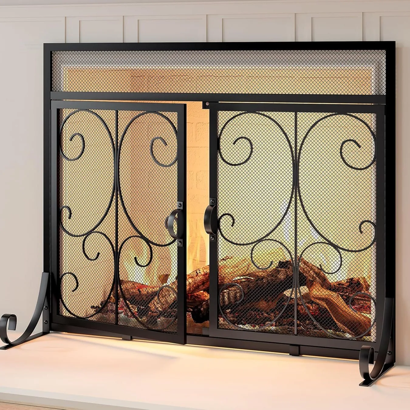 Simple wrought iron fireplace, screen fireplace, barrier fence, fireplace cover, double door fireplace, fire fence