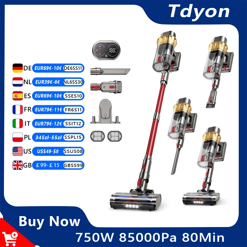 Tdyon 750W 85000PA Bezprzewodowy odkurzacz o ultra-mocnej sile ssania, 80Minuten pracy, odkurzacz ręczny z wyjmowanym akumulatorem.