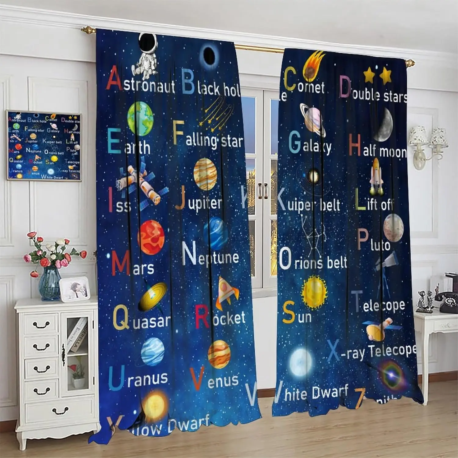 ABC Alphabet Curtains, Kid Outer Space Alphabet Cute Cartoon Universe Planet Funny Child Educational Learning Window Treatments
