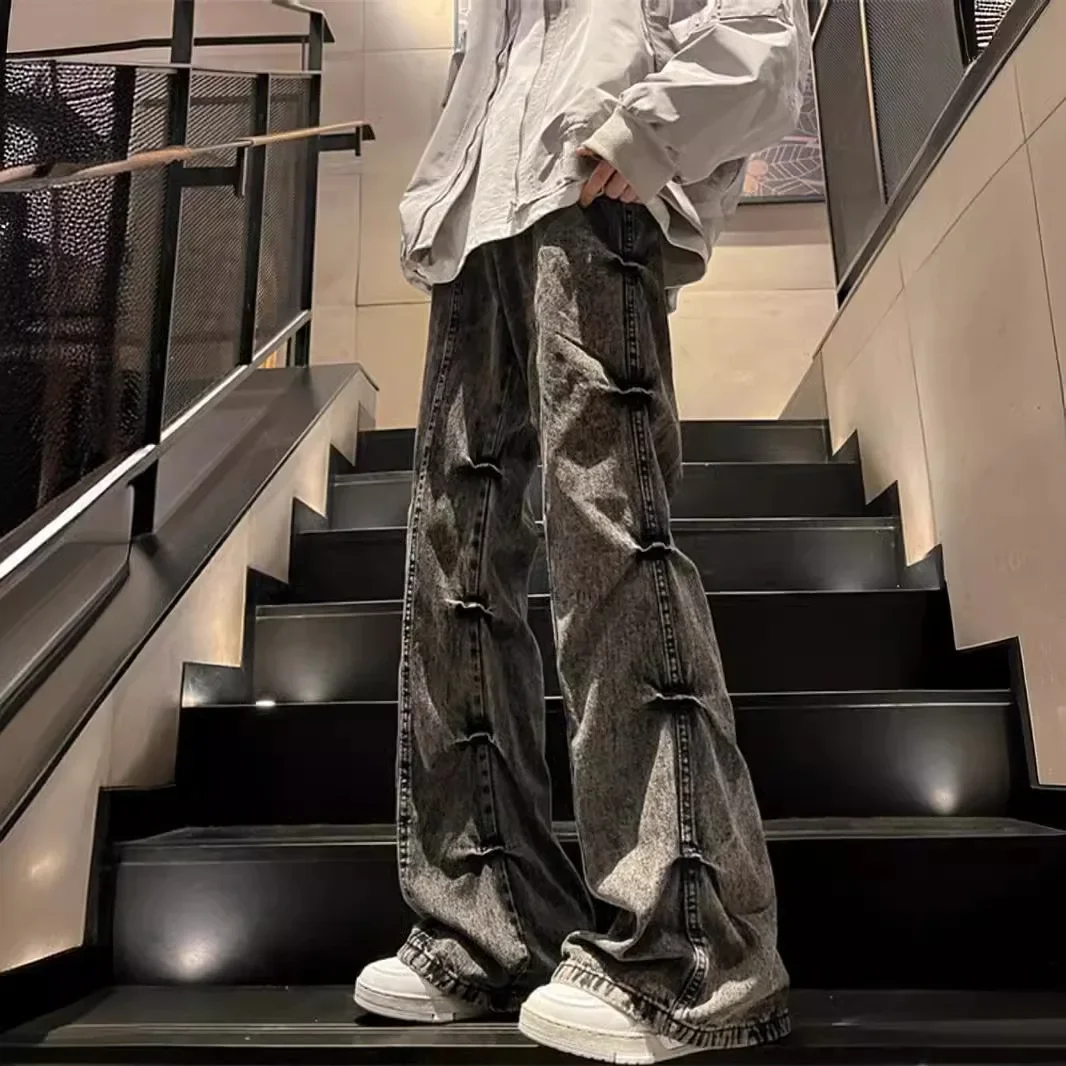 American Vintage New Fashion Men's Casual Trendy Loose Pleated Simple Basic Wide Leg Straight Denim Trousers Male Jeans Pants