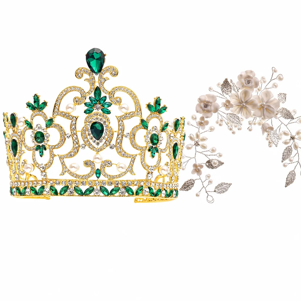Green Crown Hairband Set With White Floral Design For Weddings And Formal Events