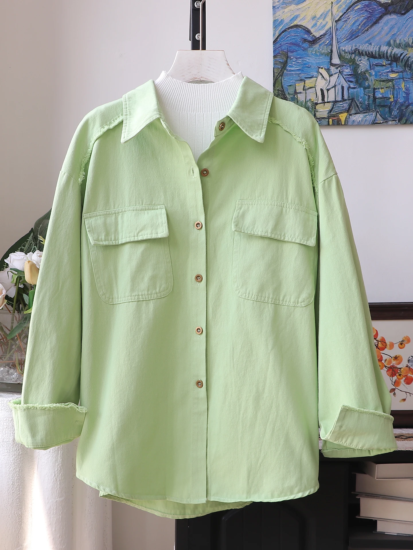 

Women's Collar Long Sleeve Cotton Denim Shirt Versatile Outerwear Spring Autumn Fashion Frayed Casual Workwear Style