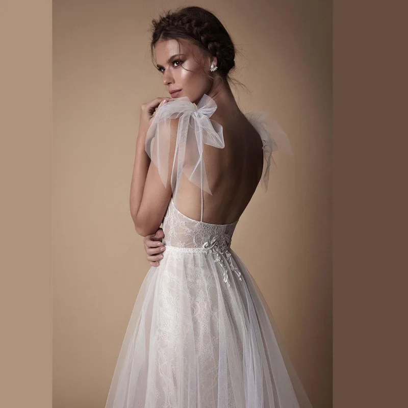 Boho Deep V-neck Wedding Dresses Sleveless 2024 Real Photo Backless Sexy Bohemain Robe De Mariee A-line Spaghetti Straps