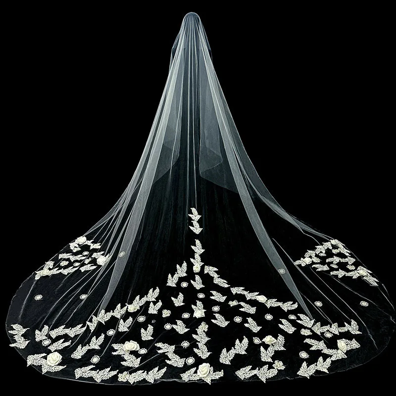 1 Layer Wedding Veils for Bride Lace Leaves 3.5 Meters Long Cathedral Length Tulle Veil with Comb 3D Flowers Hair Accessories