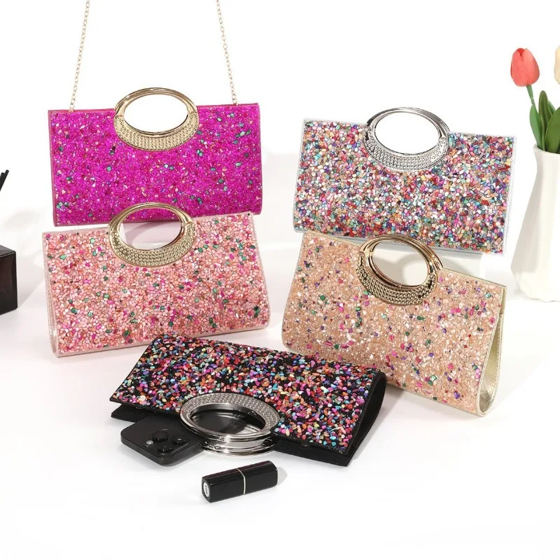 

Colorful Stone Handbag Rhinestone Beading Women's Party Dress Large Evening Bag One Side Flat Clutch Purse with Crossbody Chain