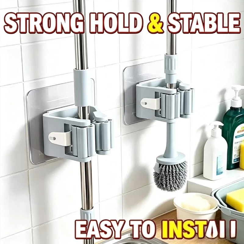 Self-adhesive Mop Holder Bathroom Kitchen Accessories Wall Mounted Mop Support Sweeping Brush Hook Broom Stand Storage Organizer