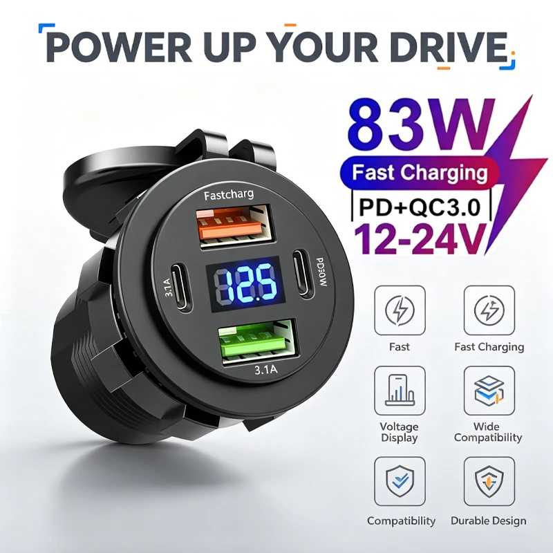 NEW 4 Ports Dual PD Dual QC 3.0 USB Car Charger with Voltmeter Socket Power Outlet Adapter Waterproof for 12V/24V Car Boat