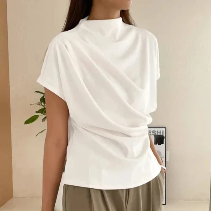 

New European American Summer Solid Color Simple Commute Round Neck Pullover Pleated Drape Women's Short Sleeve Slim Fit T-shirt