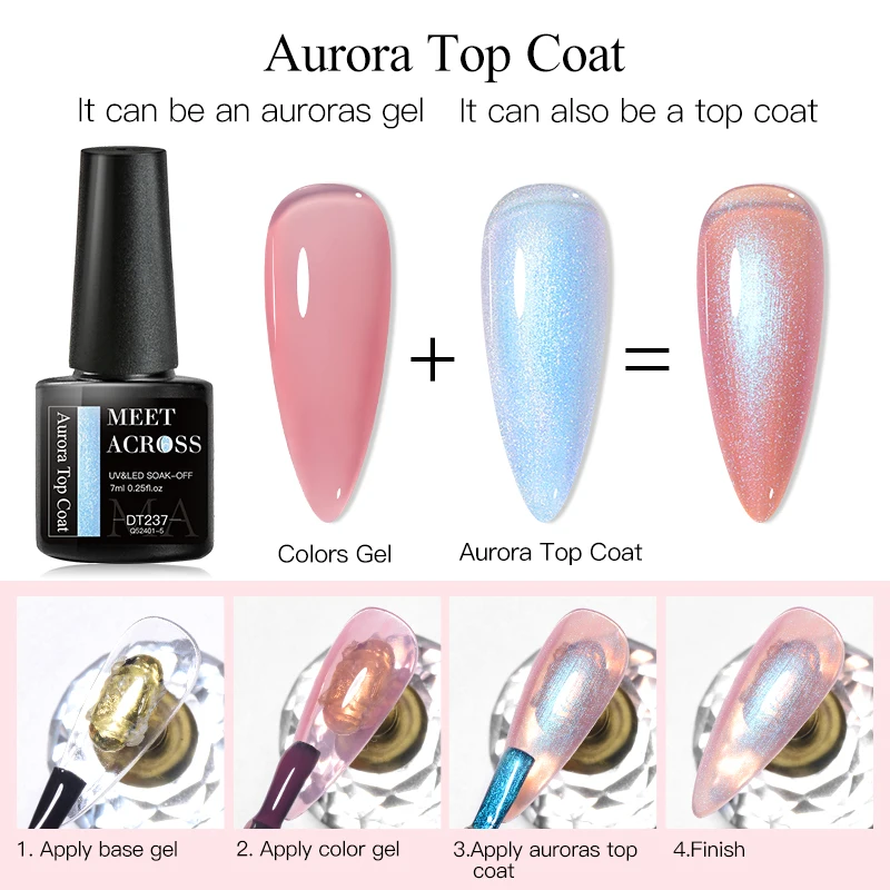 MEET ACROSS 7ml Auroras Top Coat Glitter Nail Gel Polish Auroras Thremal Gel And Extension Gel Semi Permanent Varnish Nail Art