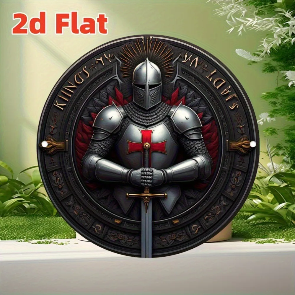 Crusader Knight 2D Flat High Definition Metal Wall Art Sacred Heart Red Cross Medieval Armor Sword Religious Valor Bravery Vinta