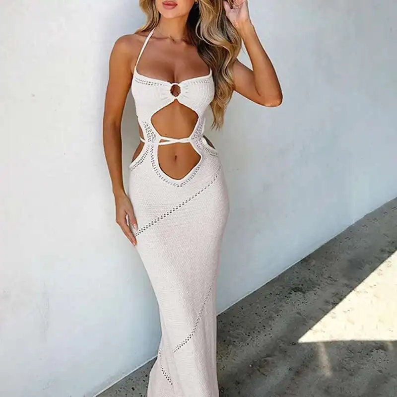 

Women Sexy Hollow Out Bikini Cover 2025 Summer Tie Up Backless Vacation Long Knitted Halter Neck Solid Party Dress