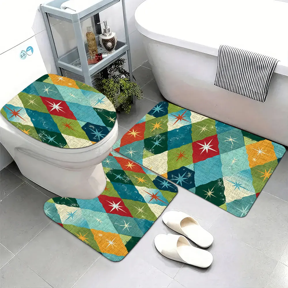 Set of 3 Ultra-Soft Bathroom Floor Mats Featuring a Non-Slip Backing, Designed with a Mid-Century Modern Fabric Pattern of Stars