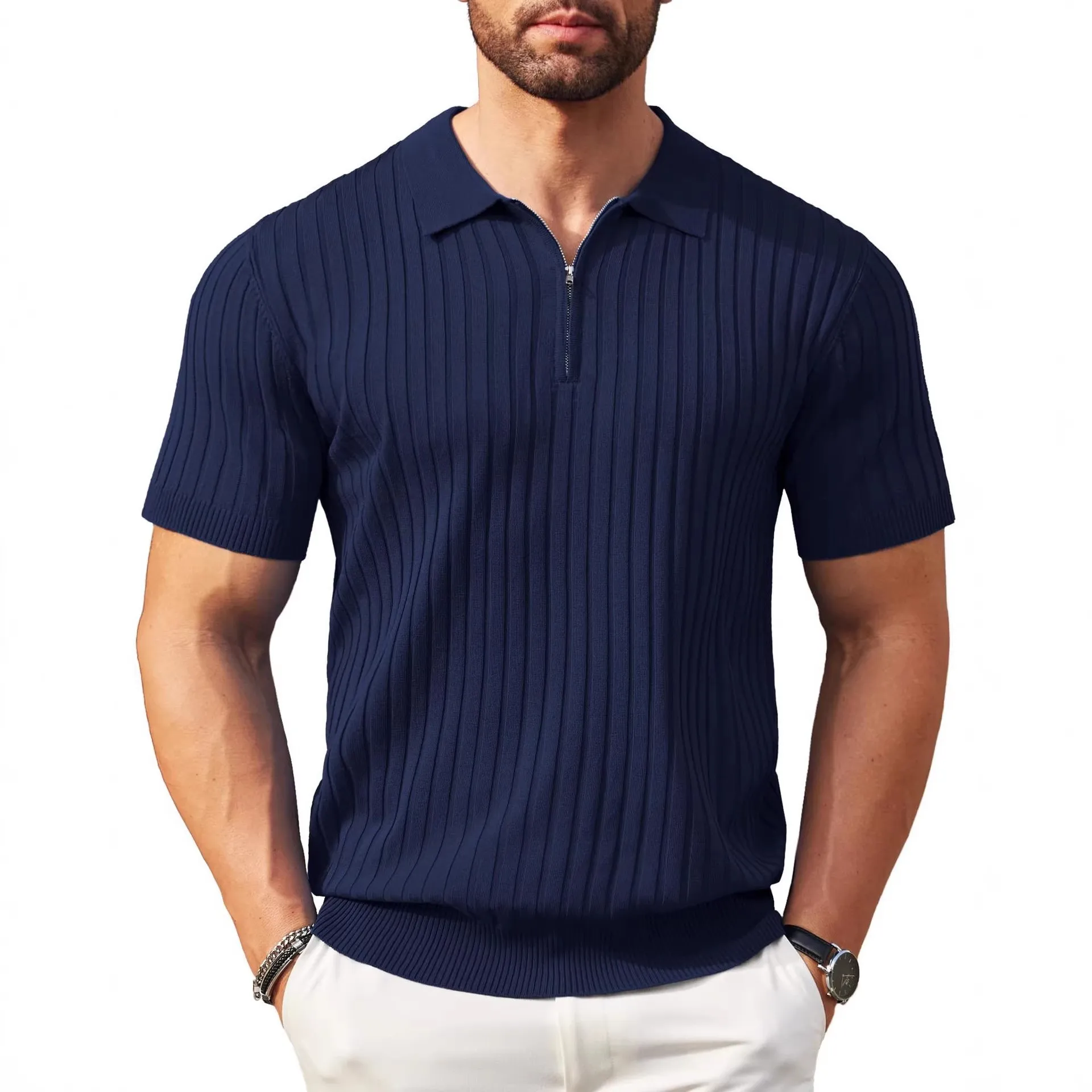 Casual Zipper Sweater Slim Fit with Wrinkle Resistant Finish Daily Business Gentleman Shirts Short Sleeve T Shirts for Men