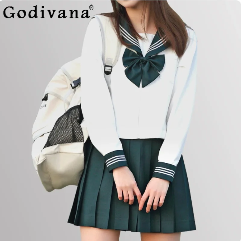 Japanese Jk Uniform Sets Green Sweet Long Sleeve Navy Collar Fashion High Waist A-line Versatile Age-reducing Pleated Skirt