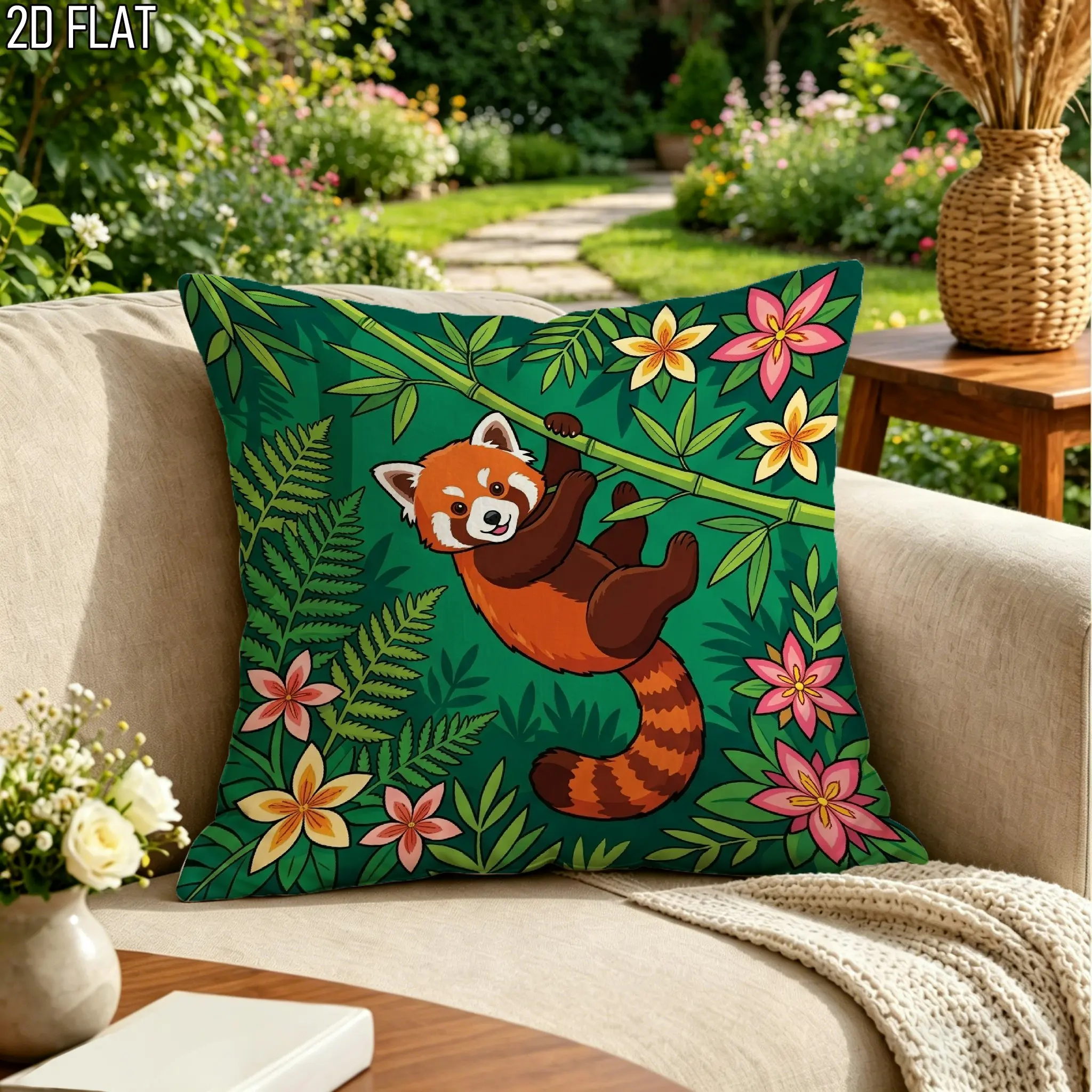 Cute Red Panda Throw Pillow Cover Tropical Jungle Floral Bamboo Print Cushion Case for Kids Room Decor