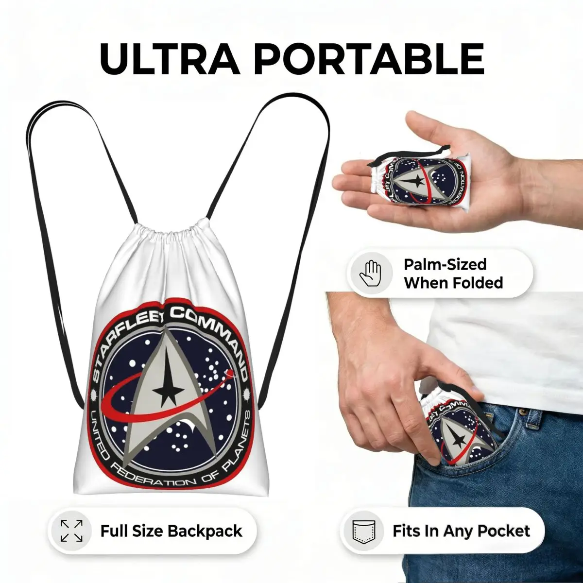 Star Treks Science Fiction TV Series Drawstring Backpack Sports Gym Bag Portable Travel Drawstring Bag for Men Women