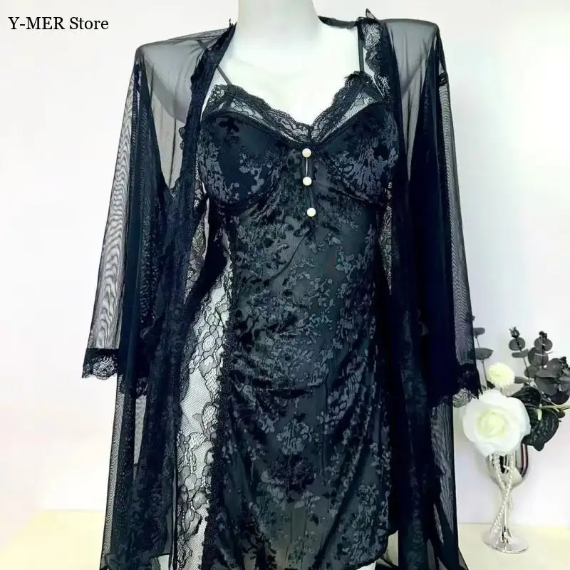 2025 New Balck Lace Patchwork Sling Nightdress Set Women Sexy Mesh Robe Jacquard Flower Home Dressing Gown Women Lingerie