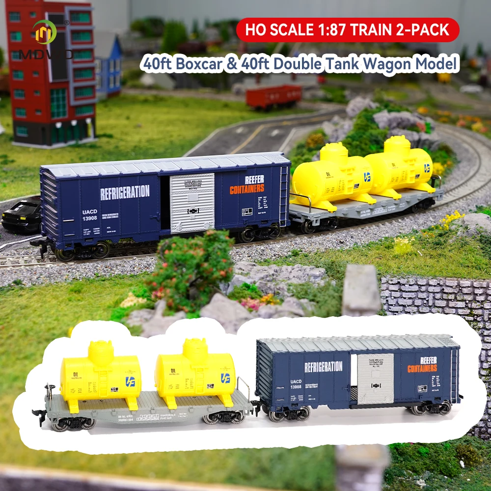 HO Scale 1:87 Refrigerator Boxcar & Tank Wagon 2Pcs Set Freight Train Car Model Railway Sand Table Scene Layout Hobby Collection