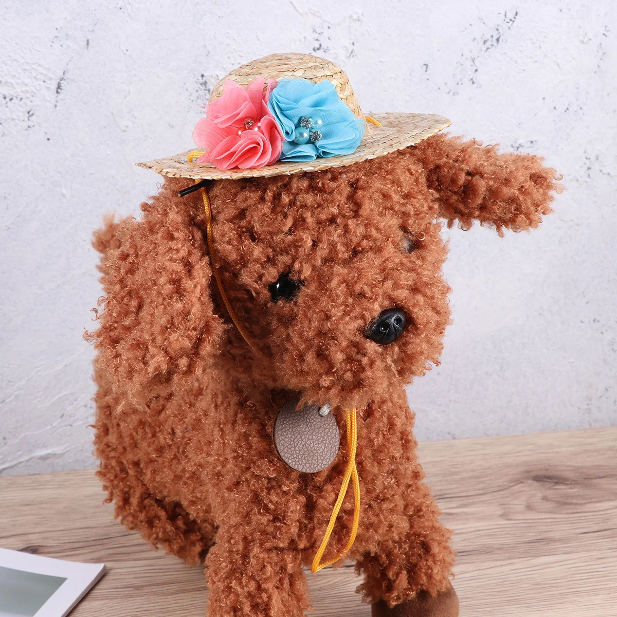 

Pet Dog Straw Hat Handcrafted Spring Summer Woven Sunhat Size M Flower Color Random Adjustable String Cat Party Everyday Decor