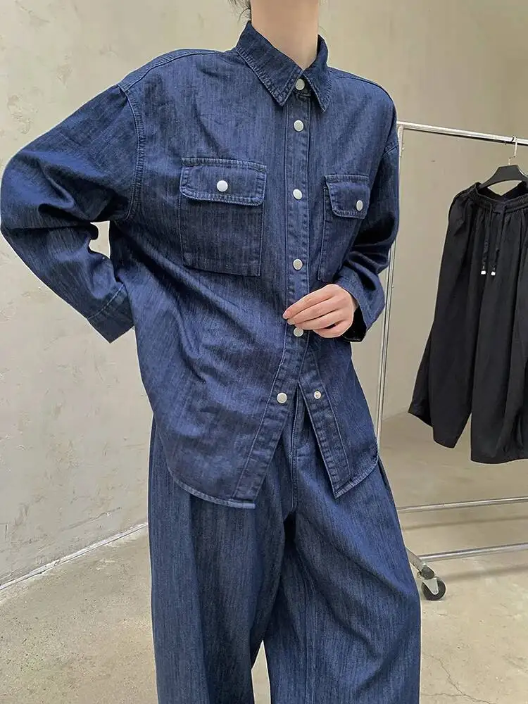 

Blue Denim Women Vintage Big Size Casual Blouse New Lapel Long Sleeve Shirt Fashion Spring Autumn 2026 SH97