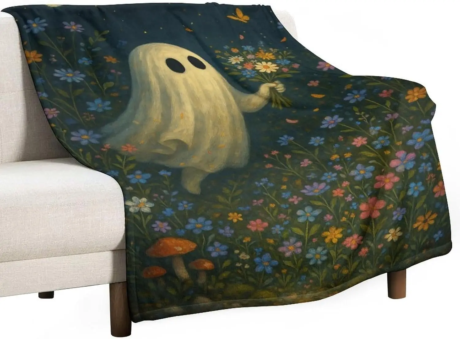 Halloween Ghost in Flower Bed Flannel Throw Blanket – Ghost Among Colorful Flowers Illustration, Soft Warm Blanket for Couch Bed Sofa, 30x40 Inch