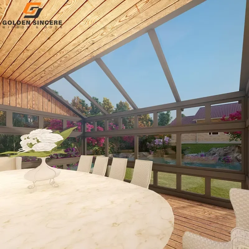 Modern Style Sliding Sun Room Commercial Glass House with Soundproof Aluminium Alloy Frame for Winter Gardens or Villas
