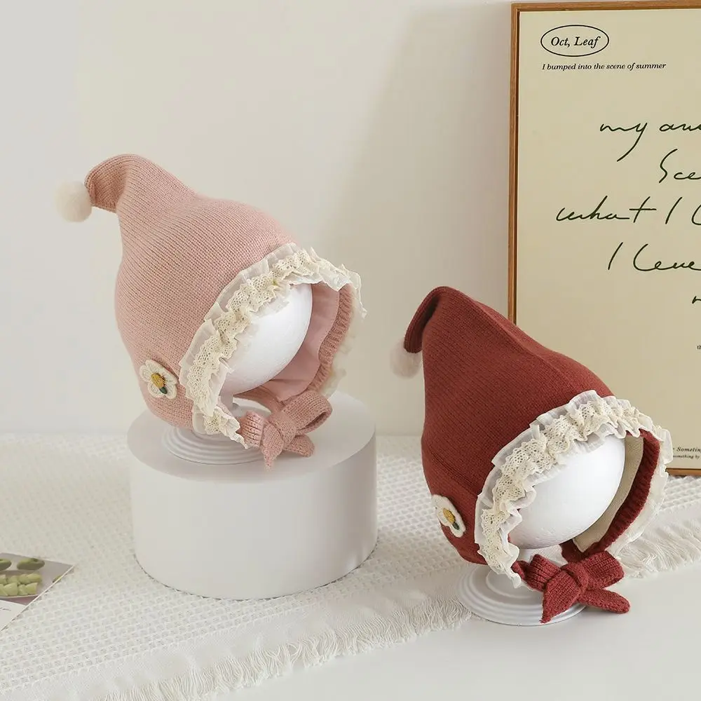 

New Flowers Baby Knitted Hat with Lace Brim Thickened Kids Ear Protection Cap Cold-proof Cartoon Infant Cap Winter