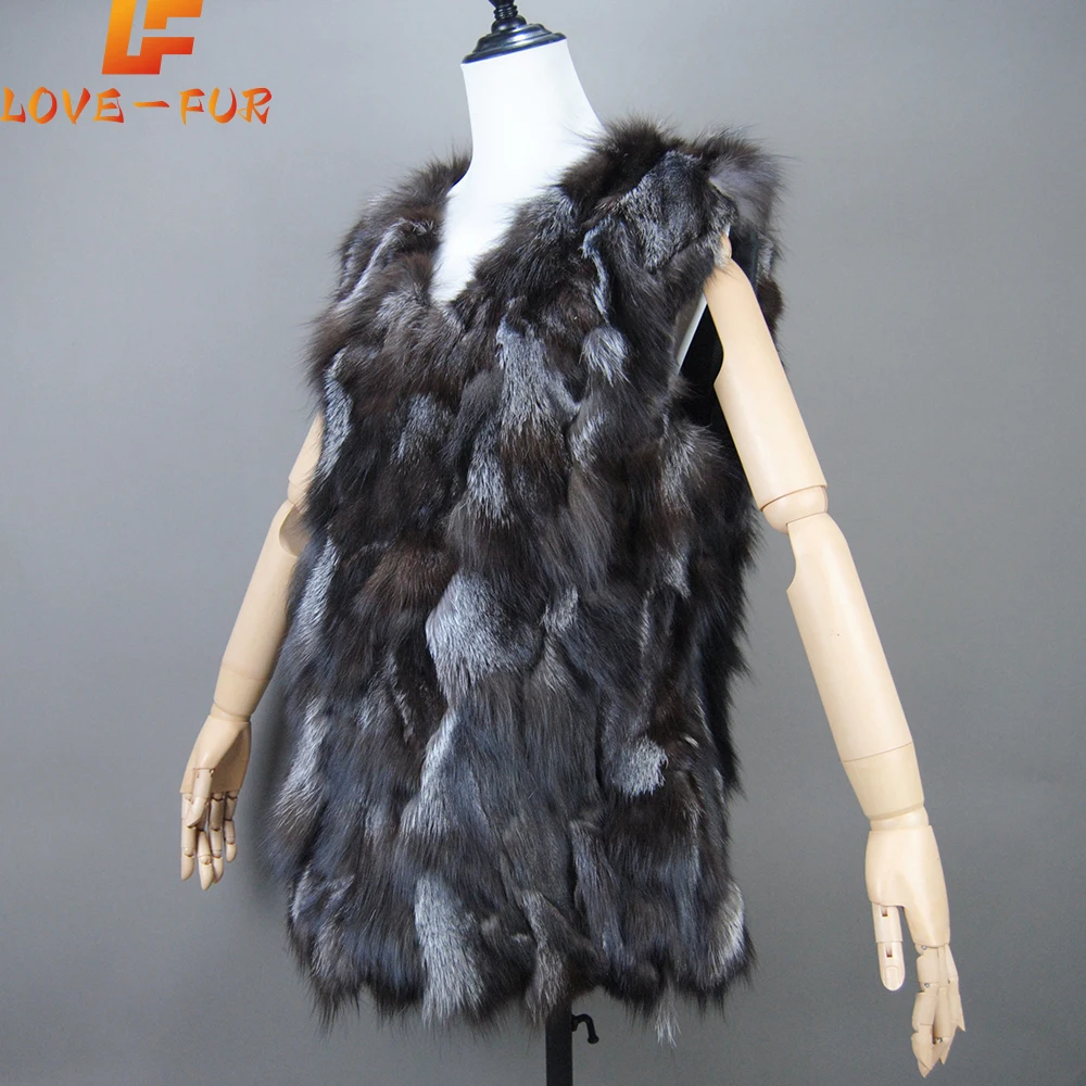 

New Women Autumn Winter Long Style 100% Genuine Real Sliver Fox Fur Vest Natural Fox Fur Sleeveless Coat Lady Real Fox Fur Gilet