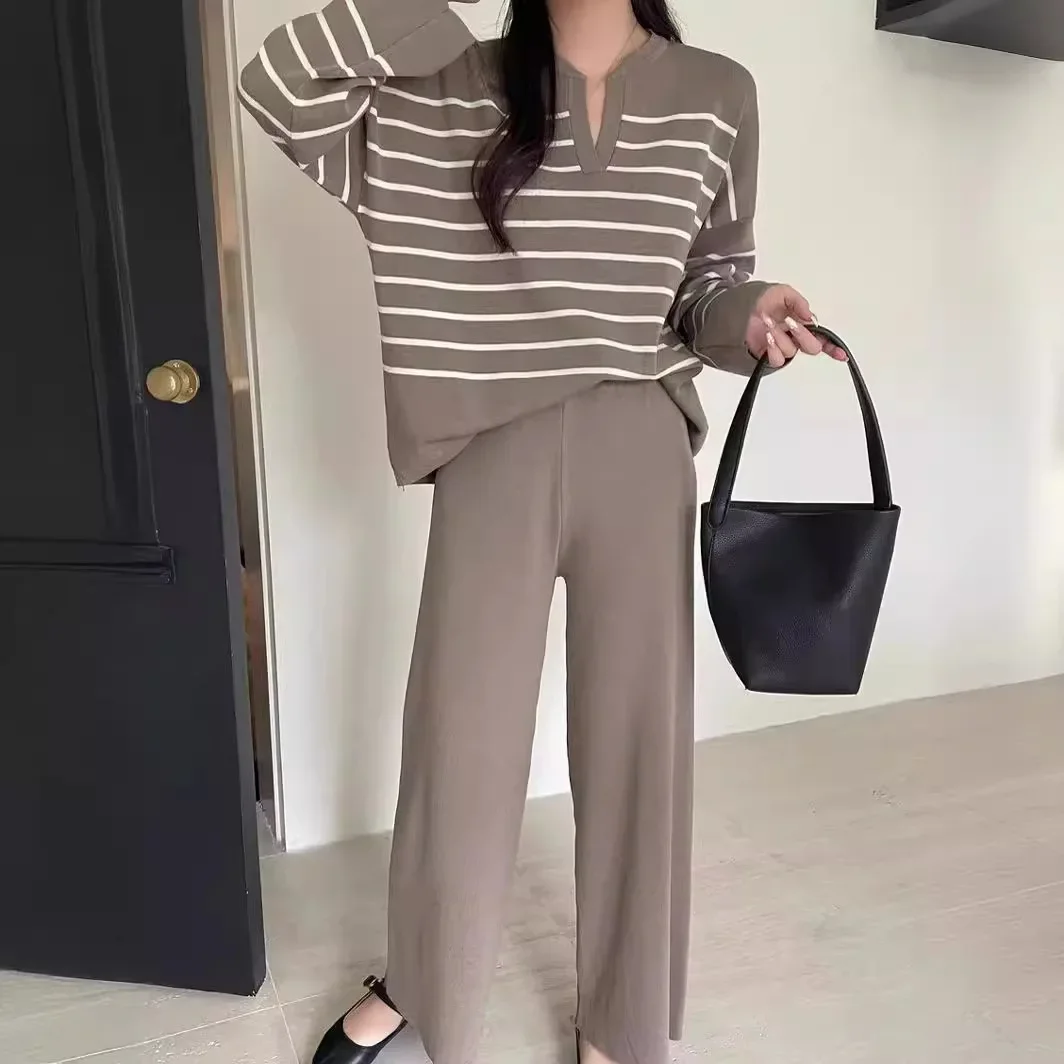 Women Sweater Set Casual Pullovers Suits Winter Knitted Loose Striped Long Sleeve Elegant Tops Wide Leg Pants Office Lady Outfit