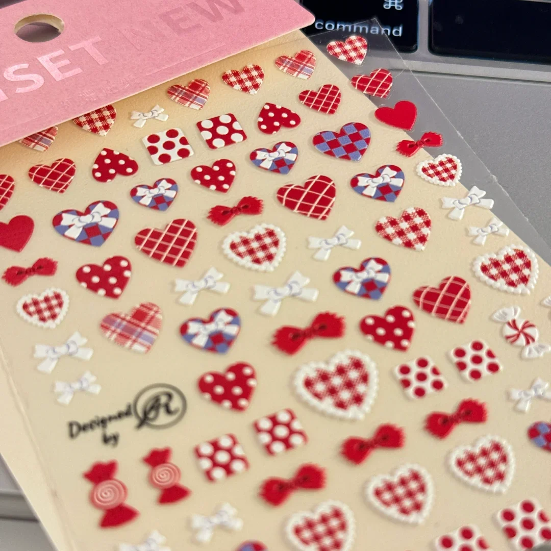 Heart, festive plaid nail stickers with embossed bows, 3D DIY nail decoration, trendy Instagram-style stickers