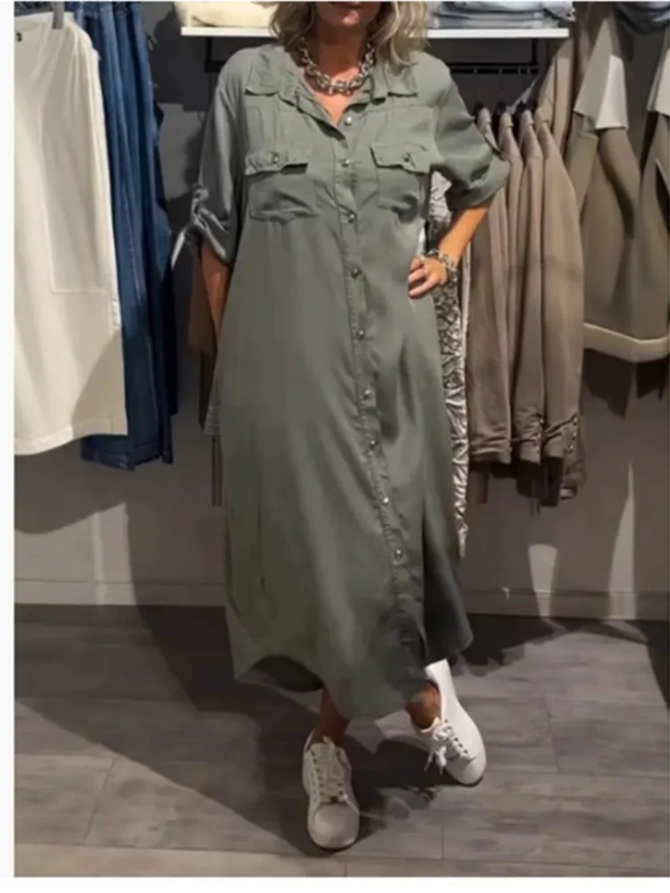 Abito casual in denim femminile Moda colletto rovesciato Tasche Camicia con bottoni Abiti per le donne Ufficio Vacanza Abbigliamento donna Estate