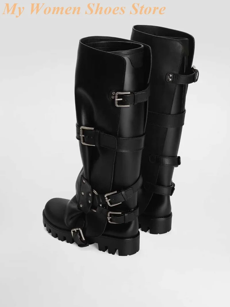 Thick Sole Studded Motorcycle Boots British Retro Belt Buckle Mid-Calf Design Round Toe Block Heel Black Leather Newest