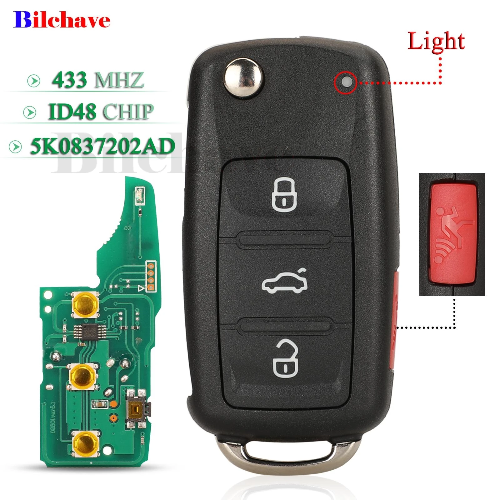 

jingyuqin 4B for VW Bettle CC EOS Golf Jetta Passat Tiguan Touareg 2014-2016 Flip Remote Car Key 433Mhz ID48 Chip 5K0837202AD