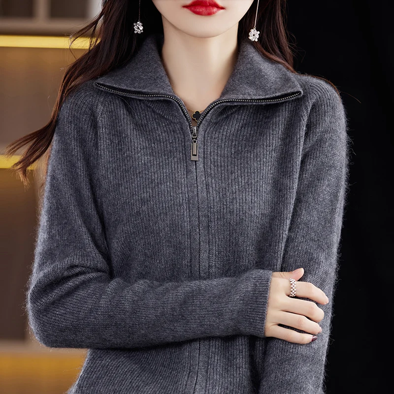 100% Pure Mink Cashmere Sweater Women\'s Stand Collar Thick Cardigan Autumn and Winter Warm Casual Knitted Large Size Zipper Tops