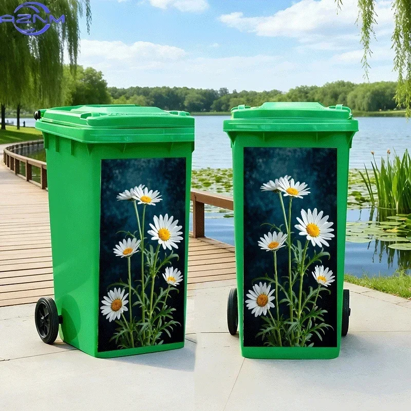 2D Flat Printing 1pc Trash Can Sticker, Daisy Sunflower Theme Design, Self-Adhesive Wall Decal Wallpaper for Kitchen Trash Can