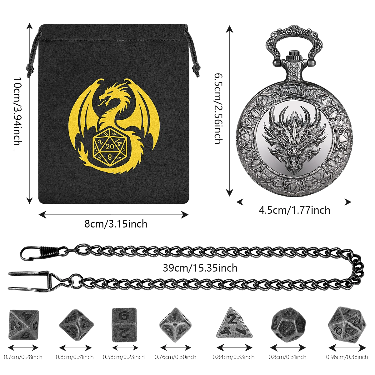 5pcs Wholesale Retro Metal Dragon Head Pocket Watch Case Mini Dice Set Fob Chain Pendant Gift for Entertainment Game Dice Lover