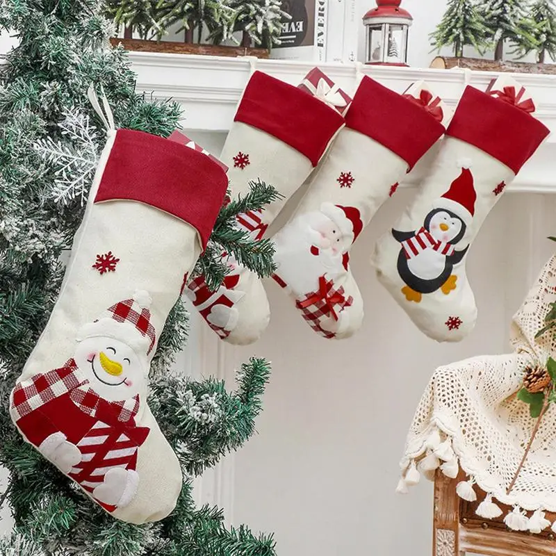 

Christmas Stockings Gift Candy Bags Snowman Socks Xmas Tree Fireplace Ornament Christmas Stocking Decoration For Home Party