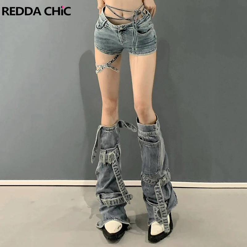 REDDACHiC Patchwork Pocket Women Denim Leg Warmers Solid Belt Bulit-in Rubber Band Asymmetrical Boots Cover Retro Y2k Streetwear