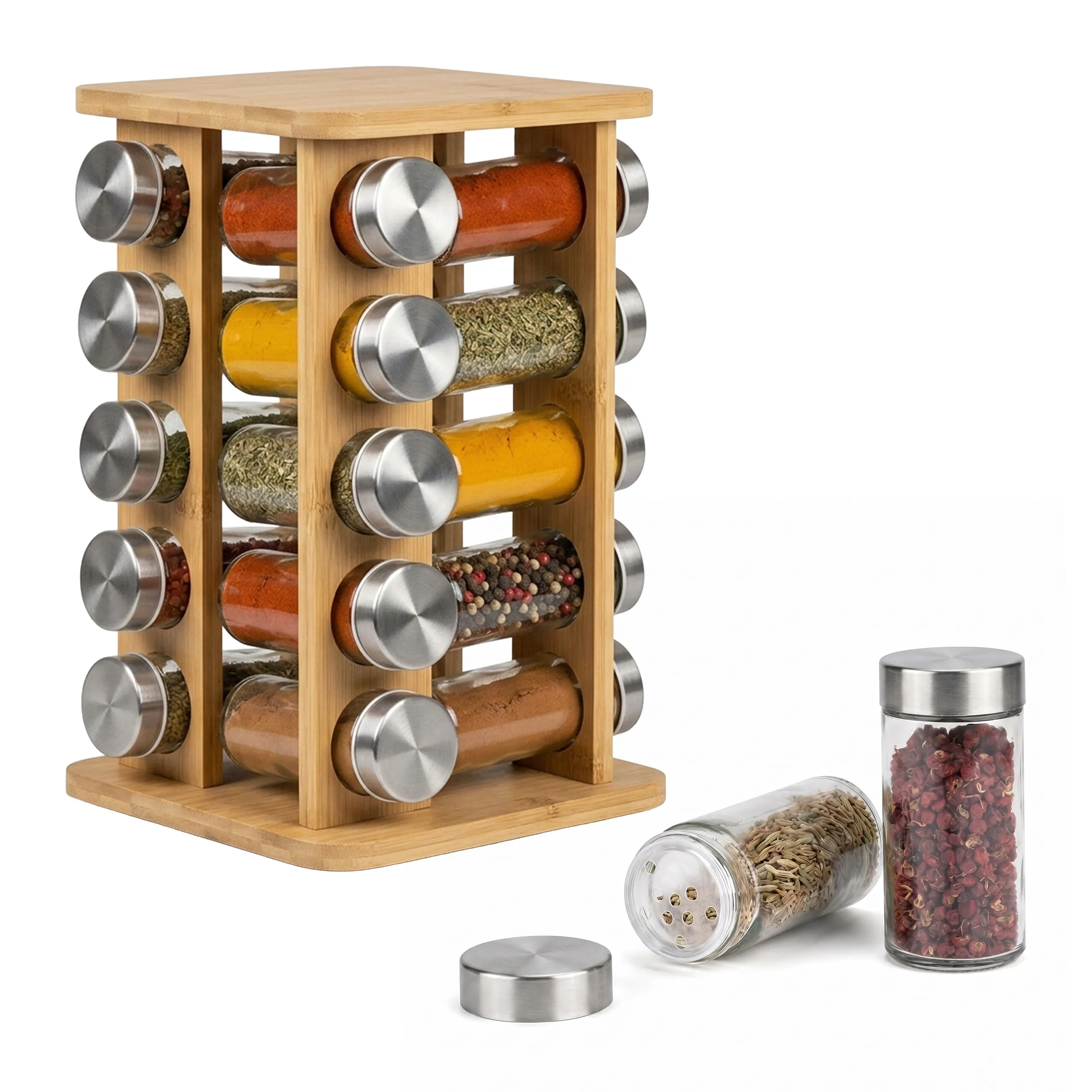 Gewürzkarussell, 20 Gewürzgläser, 360° drehbar, für Gewürze und Kräuter, Bambus, Glas, Edelstahl, 32 x 17 x 17 cm, Gewürzregal, Relaxdays