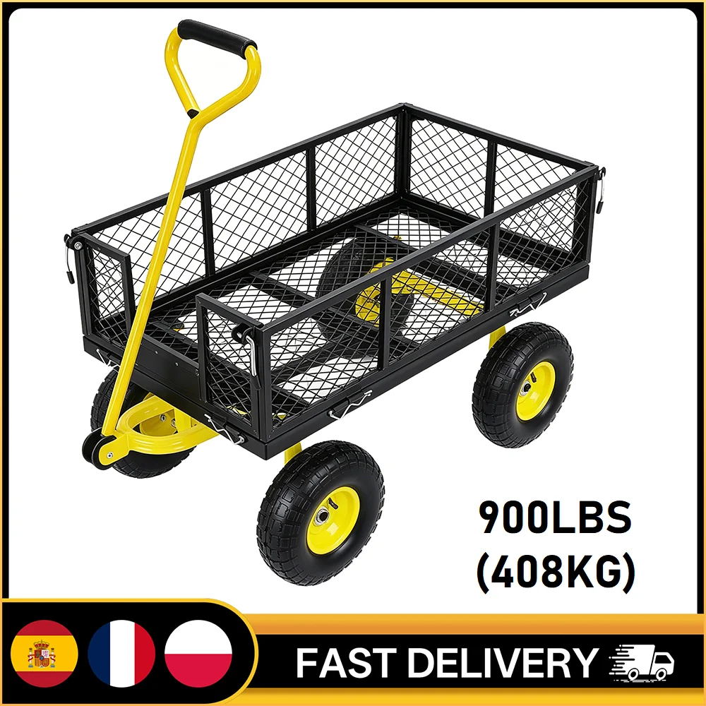 Chariot de jardin robuste en acier 900 LBS, chariot utilitaire 2-en-1 à plateau grillagé et benne basculante avec roues de 10 pouces 180 °   Poignée pour jardin, ferme et pelouse