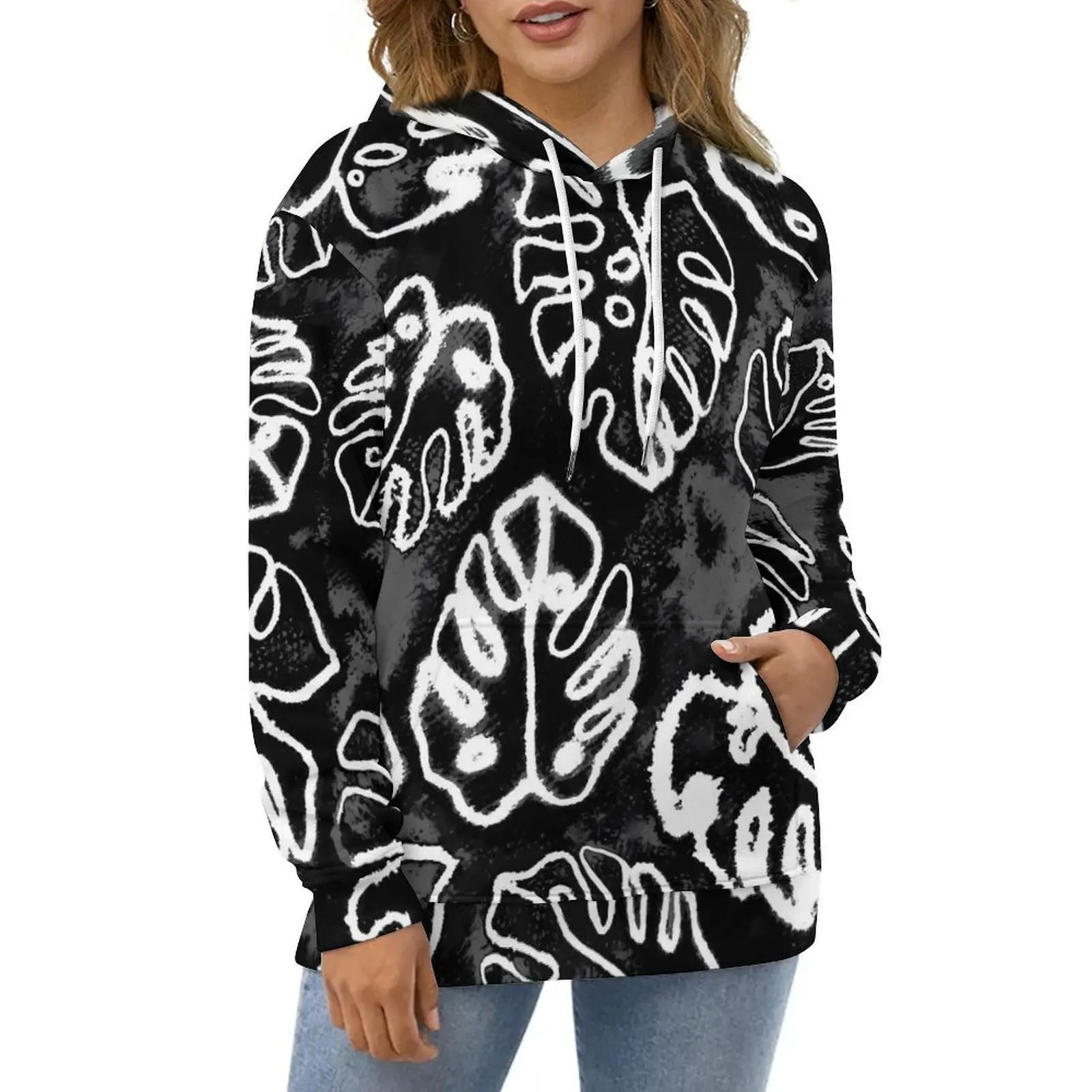 

White And Black Tie Dye Casual Hoodies Palm Leaf Print Funny Pullover Hoodie Woman Harajuku Loose Oversize Hooded Sweatshirts