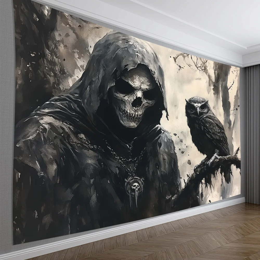 Eerie Grim Reaper Tapestry with an Owl Companion for a Hauntingly Beautiful Wall Accent