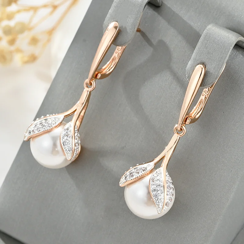 Wbmqda Weiße große Perle, lange Tropfen-Ohrringe für Frauen, 585er Roségold, Farbe, Luxus-Hochzeitsschmuck-Accessoires