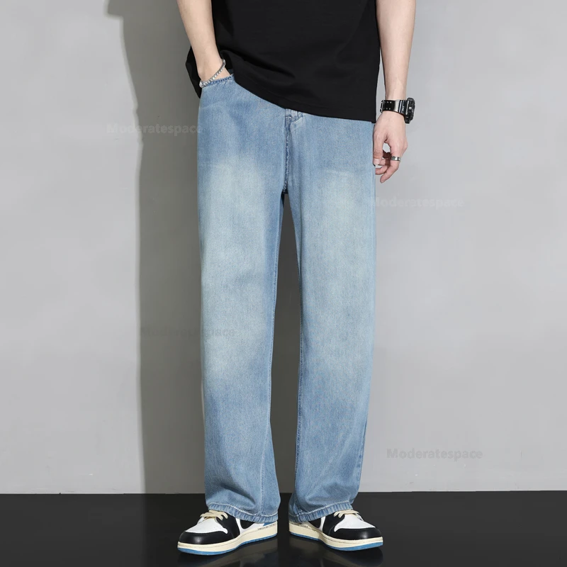 Summer 100% Lyocell Cozy Jeans Men Soft Fabric Elastic Waist Denim Trousers Male Clothes Korea Baggy Straight Casual Pants