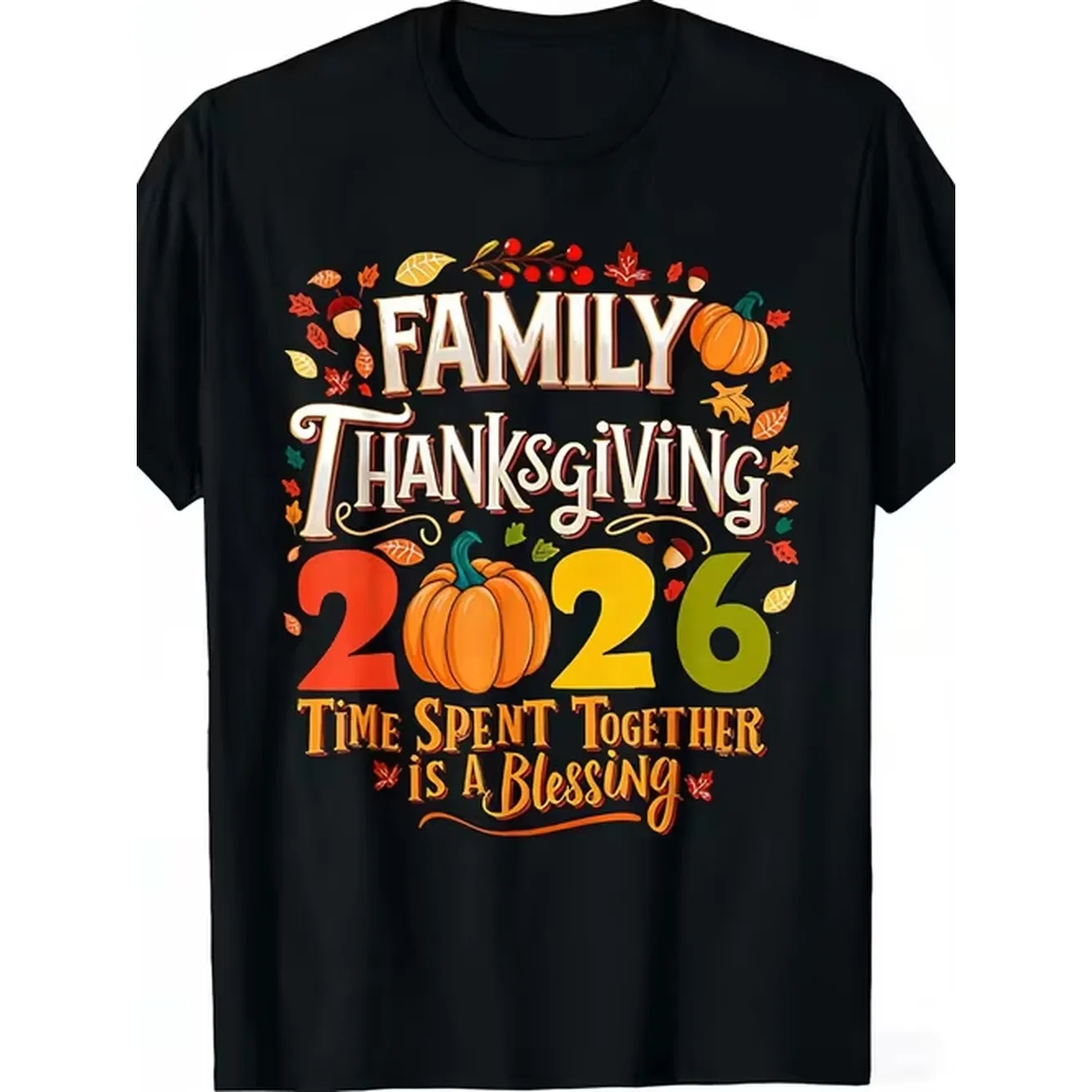 2026 Family Thanksgiving T Shirt Celebrating Design T Shirt With Vibrant Pumpkin And Leaf Pattern Casual Crew Neck T Shirt Fall Celebrations Ideal Thanksgiving Gift For Family