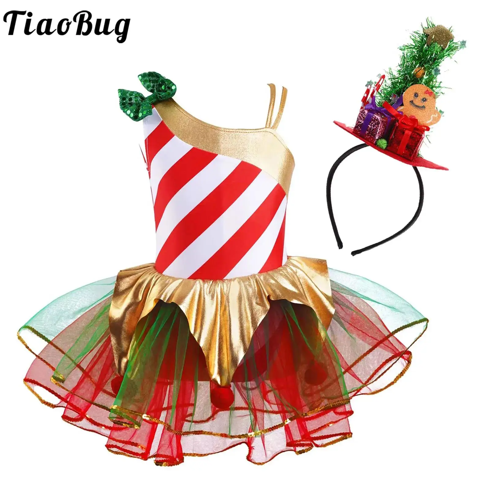 

Girls Candy Cane Elf Christmas Dress Sequin Stripes Ballet Dancewear Figure Skating Leotard Miss Santa Claus Cosplay Costume