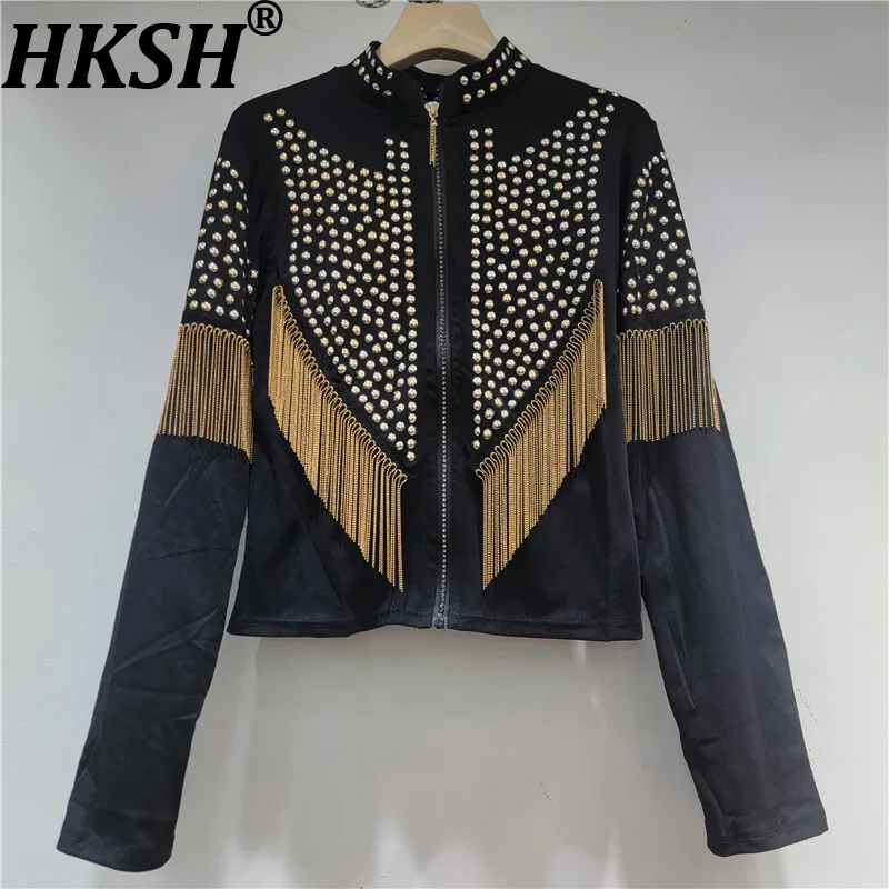 

HKSH Spring Autumn New Women Jacket Hip Hop Versatile Tassel Rivet Stand Collar Zipper Slim Fit Elegant Streetwear Coats HK16864
