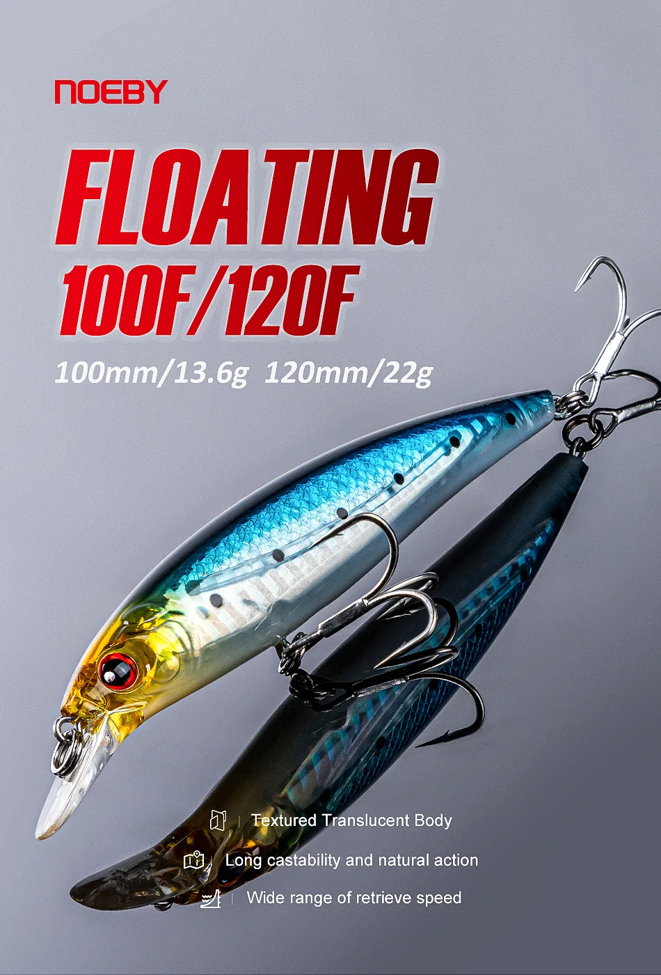 Noeby Minnow Angelköder, 100 mm, 13,6 g, schwimmender Wobbler, Jerkbait, künstlicher harter Köder für Barsch, Süßwasser, Salzwasser-Angelköder – Detail 4