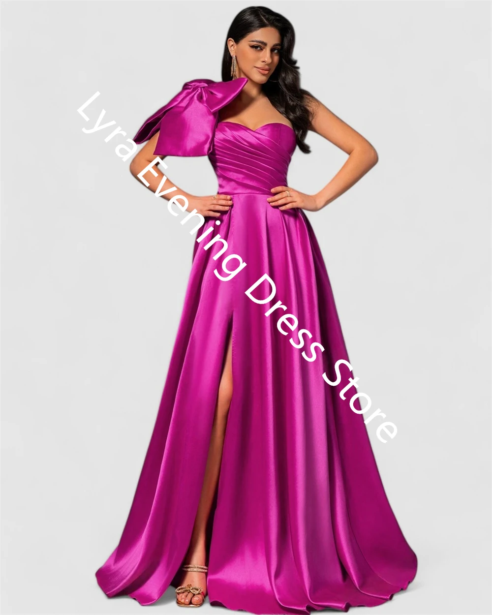 Maßgeschneidertes exquisites Fuchsia-Satin-Abendkleid mit einer Schulter, ärmellos, maßgeschneiderte Anlasskleider, Schleife, Heimkehrkleid, weich – Detail 4