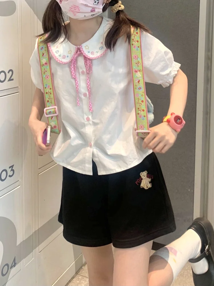 Kawaii Girl Preppy Style Shirt Female Doll Collar Embroidery White Blouse Women Japanese Sweet Shirts Bow Tops Femme Harajuku